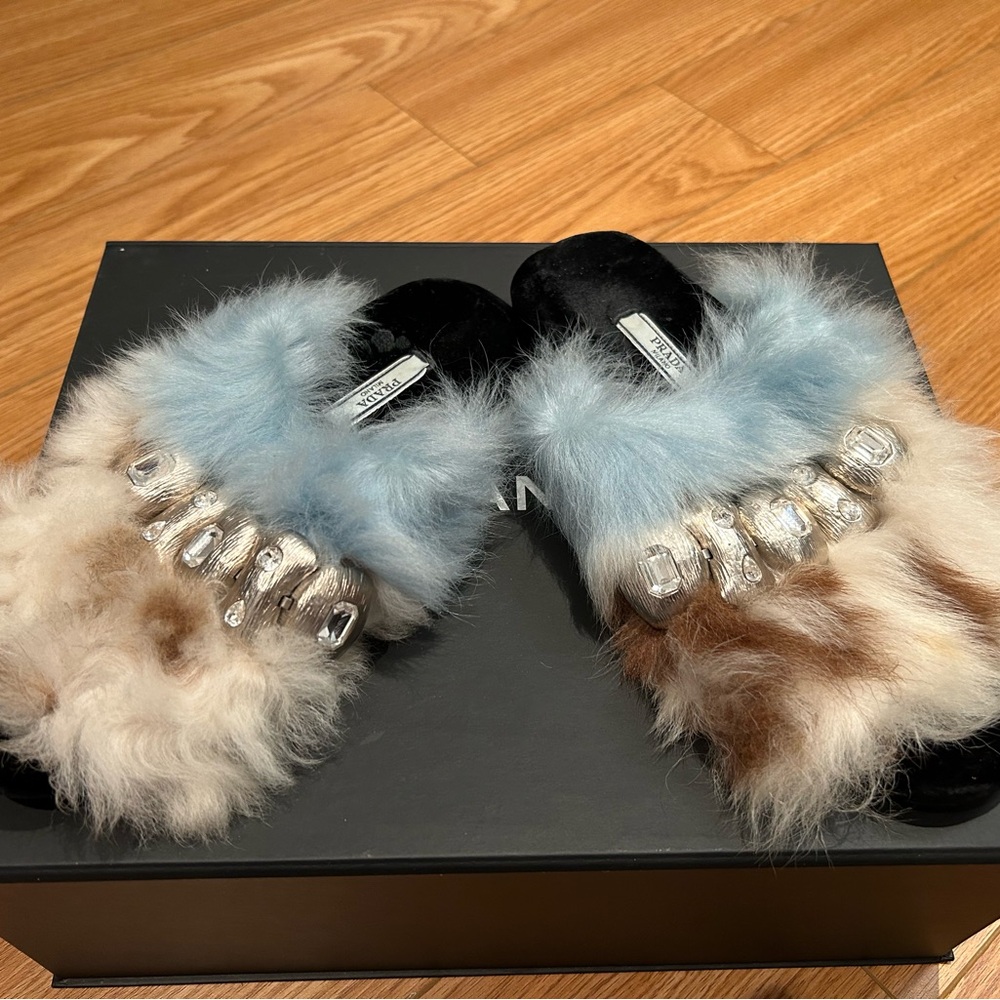 Prada Fur Slippers with Jewel Embellishments Authentic US8